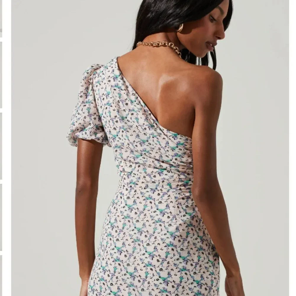 Astr One-Shoulder Floral Dress - White and Blue - Picture 5 of 14